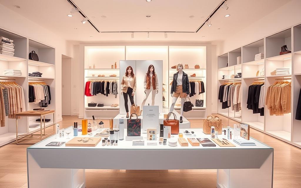 A bright, modern retail space with a clean, minimalist aesthetic. In the foreground, a large display table showcases various free trial products, including clothing, accessories, and beauty items. The middle ground features stylish mannequins dressed in free trial outfits, positioned to highlight the quality and style of the offerings. The background depicts a warm, inviting atmosphere with soft lighting, neutral-toned walls, and sleek shelving units displaying additional free trial merchandise. The overall scene conveys a sense of excitement and opportunity, inviting the viewer to explore the free trial center and discover the latest fashion and lifestyle products from Shein.