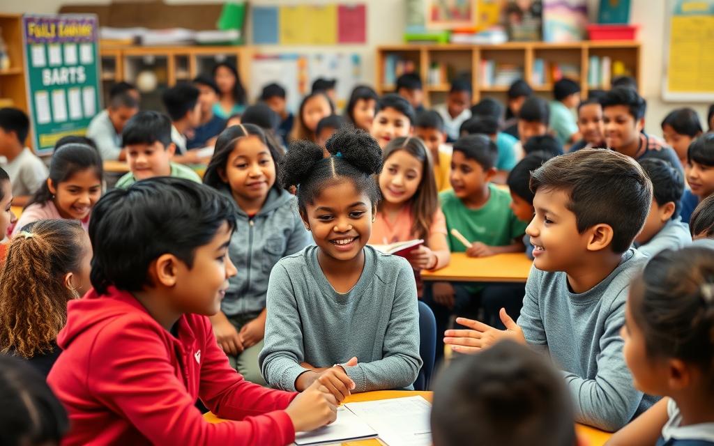 A classroom filled with diverse students engaged in lively group discussions, their faces alight with animated expressions. In the foreground, two students of different backgrounds collaborate on a project, exchanging ideas and gestures that demonstrate their strong communication skills. In the middle ground, another group presents their findings, their body language and eye contact reflecting the confidence and social awareness fostered by their bilingual education. The background features an array of educational resources, creating a warm, supportive environment that encourages the development of social competencies across cultures and languages.
