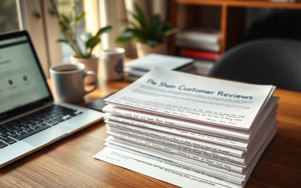 A cozy home office setup, with a laptop, coffee mug, and a stack of neatly organized Shein customer reviews on a wooden desk. Soft, natural lighting filters through a nearby window, casting a warm glow on the scene. The reviews are handwritten, with scribbled notes and thoughtful comments, reflecting the personal experiences of Shein customers. The atmosphere is one of introspection and consideration, as if the viewer is about to dive into the feedback and uncover insights that will shape the next section of the article.