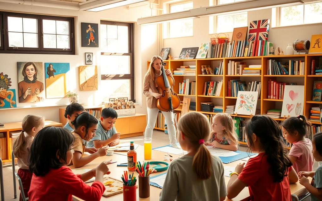 A high-quality classroom with warm, natural lighting streaming through large windows. In the foreground, a group of students of diverse ages and backgrounds engaged in hands-on art projects, their faces alight with creativity and focus. In the middle ground, a teacher guiding and encouraging them, pointing to inspirational artworks displayed on the walls. In the background, shelves brimming with art supplies, musical instruments, and books on art history and techniques. The atmosphere is one of lively exploration, collaborative learning, and the joyful pursuit of self-expression through the arts.