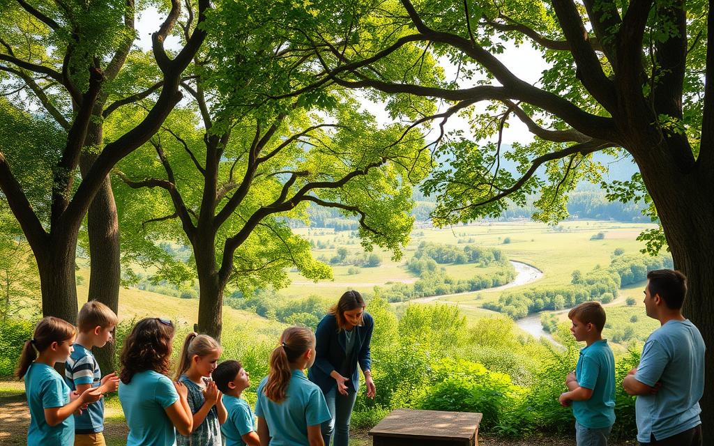A lush, verdant outdoor classroom surrounded by towering trees, with sunlight filtering through the canopy and casting a warm, natural glow. In the foreground, a group of students engaged in hands-on experiments and observations, their faces filled with curiosity and wonder as they explore the wonders of the natural world. In the middle ground, a teacher guides them, pointing out the intricate details of the ecosystem, fostering a deeper understanding of STEM concepts through real-world, immersive learning. The background features a picturesque landscape, with rolling hills, a meandering stream, and an abundance of native flora and fauna, creating a tranquil and inspiring setting for this nature-based learning experience.