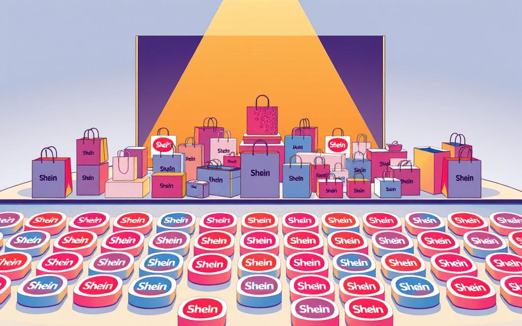 A meticulously designed illustration showcasing the Shein Points program. In the foreground, a vibrant grid of colorful Shein logos representing the points system, casting warm, directional lighting. In the middle ground, an array of shopping bags, packages, and other Shein-branded merchandise, hinting at the rewards and benefits of the program. The background features a sleek, minimalist backdrop, with subtle gradients and clean lines to create a sense of sophistication and modernity. The overall composition conveys the simplicity, value, and user-friendly nature of the Shein Points system.
