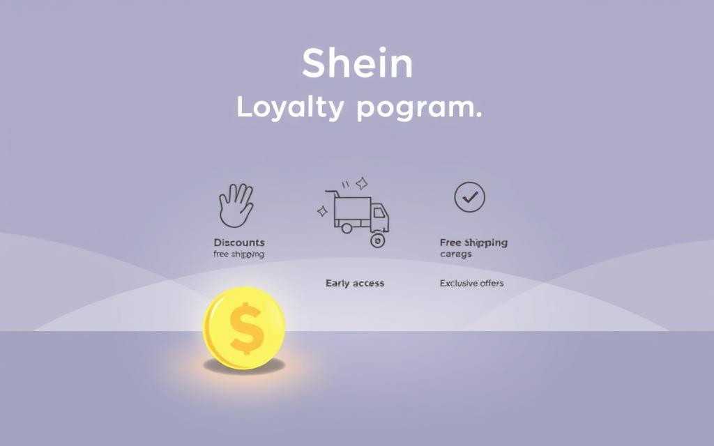 A modern, minimalist illustration depicting the key benefits of Shein's loyalty program. In the foreground, a stylized icon representing points or rewards, glowing with a warm, inviting light. In the middle ground, a simple line-art graphic showcasing the program's features - discounts, free shipping, early access, and exclusive offers. The background features a clean, gradient-based color scheme that complements the brand's aesthetic. The overall mood is one of clarity, value, and accessibility, reflecting the utility and convenience of Shein's points-based rewards system.
