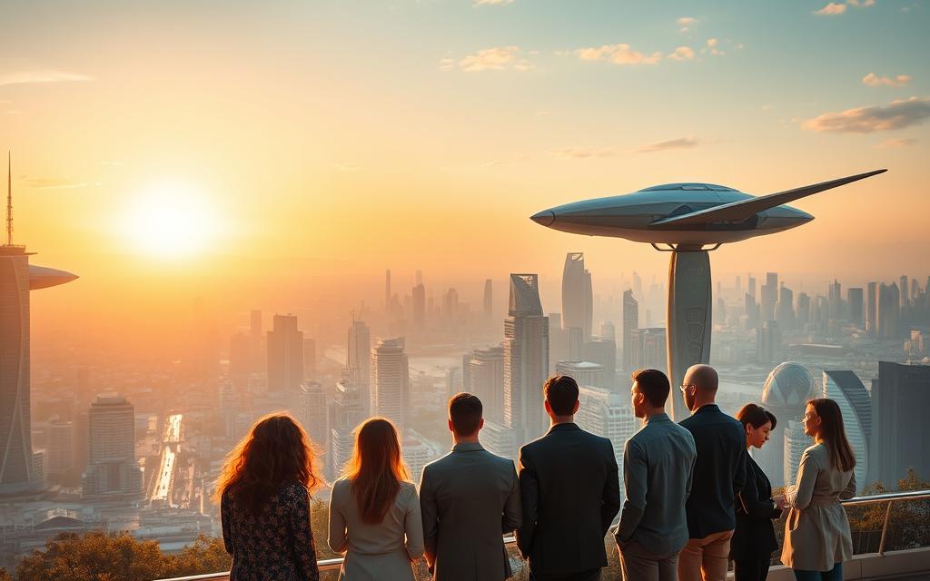 A panoramic view of a futuristic cityscape, bathed in a warm, golden glow from the setting sun. In the foreground, a group of diverse leaders stand tall, their postures exuding confidence and determination. They are engaged in a deep discussion, their expressions thoughtful and focused, as they navigate the complexities of the world around them. The middle ground features a network of interconnected skyscrapers, their sleek, modern designs a testament to the advancements of technology and innovation. In the background, a serene, hovering transportation system glides effortlessly, symbolizing the efficient and sustainable future of mobility. The overall atmosphere conveys a sense of progress, collaboration, and a visionary approach to leadership in a rapidly changing world.