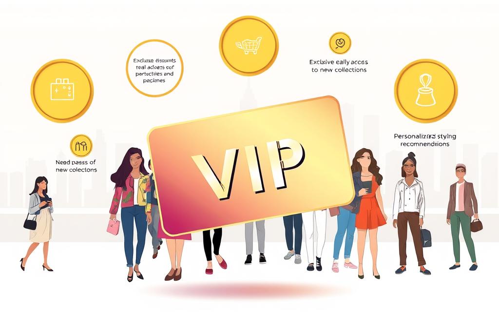 A sleek, modern illustration depicting Shein's VIP loyalty program. In the foreground, a stylized VIP card hovers, its surface gleaming with a premium metallic sheen. Surrounding it, a vibrant array of rewards and perks - exclusive discounts, early access to new collections, personalized styling recommendations. In the middle ground, a diverse group of fashionable customers, their expressions conveying a sense of excitement and belonging. The background features a clean, minimalist cityscape, suggesting the global reach and urban appeal of the Shein brand. The overall scene radiates a sophisticated, high-end ambiance, inviting the viewer to imagine the exclusive benefits of becoming a Shein VIP.