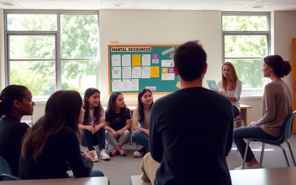 A spacious, well-lit classroom with large windows overlooking a lush schoolyard. In the foreground, a group of students engage in a group counseling session, their faces expressing vulnerability and openness. The middle ground features a bulletin board displaying mental health resources and encouraging posters. In the background, a school counselor speaks with a student, guiding them through a personal issue. The scene conveys a sense of comfort, support, and a commitment to holistic student well-being. Soft, natural lighting filters through the windows, creating a warm and inviting atmosphere.