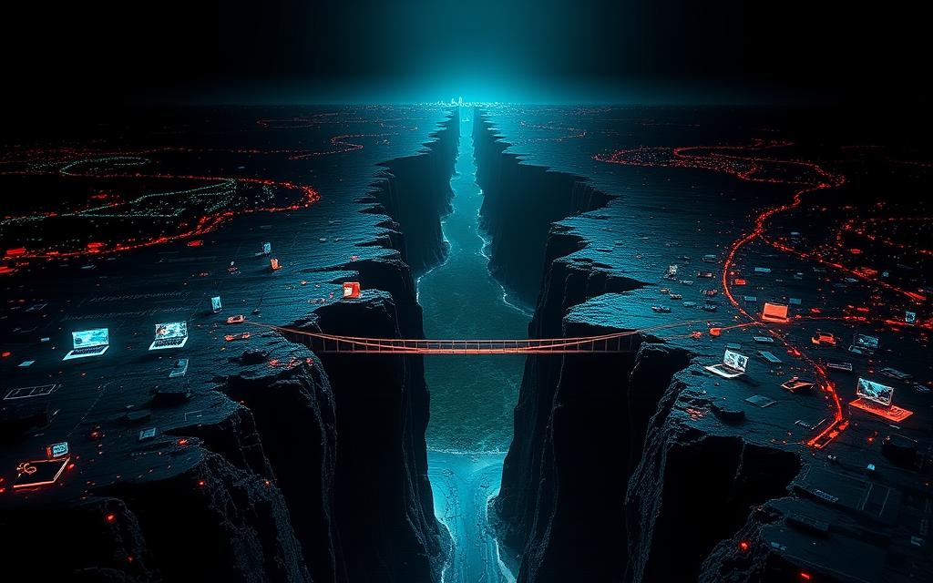 A vast digital landscape, divided by the gaping chasm of unequal access to technology. On one side, a vibrant world of connection and opportunity, illuminated by the glow of laptops and smartphones. On the other, a shadowy realm of isolation and exclusion, where the promise of digital education remains elusive. In the middle, a precarious bridge, a fragile lifeline for those striving to cross the divide. Dramatic, high-contrast lighting casts stark shadows, emphasizing the stark contrast between the two realms. The scene is rendered in a stylized, digital art aesthetic, with glitching and pixelated effects to further accentuate the theme of the digital divide.