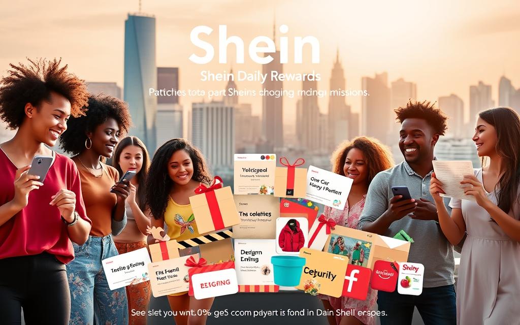 A vibrant and engaging image showcasing the benefits of participating in Shein missions. In the foreground, a group of diverse individuals enthusiastically engaged in various tasks, such as designing, modeling, or sharing content. The middle ground features a collage of Shein rewards and prizes, including gift cards, discounts, and exclusive merchandise. The background depicts a dynamic, modern city skyline, symbolizing the global reach and opportunities offered by the Shein platform. The lighting is warm and inviting, conveying a sense of excitement and fulfillment. The overall composition and color palette create a visually striking and inspiring scene that captures the essence of the Shein Daily Rewards program.