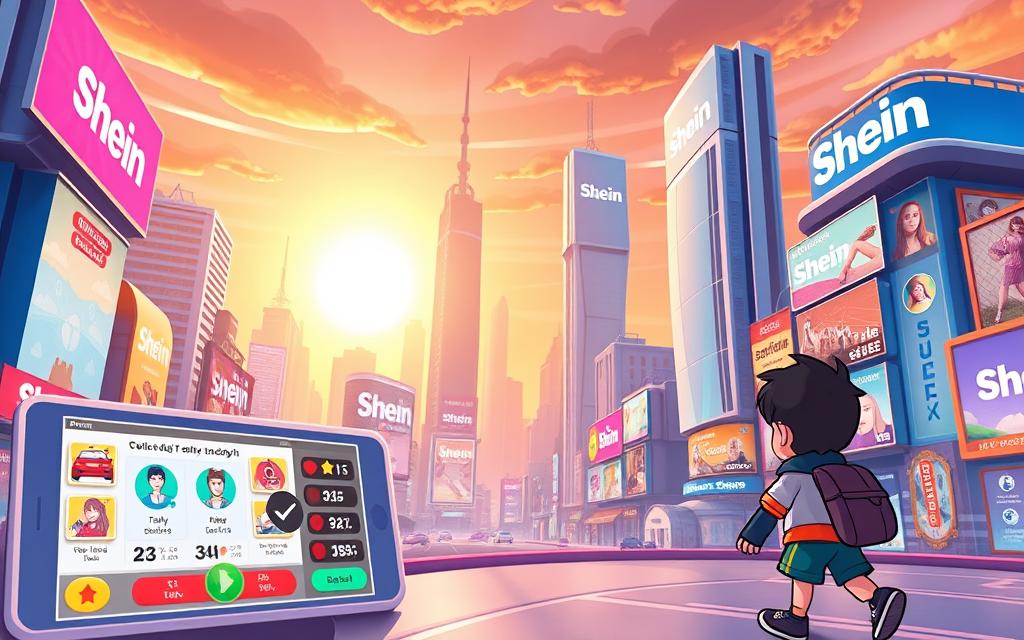 A vibrant and immersive scene of Shein's gamified shopping experience. In the foreground, a playful, cartoon-style character navigates a stylized interface filled with colorful icons and rewards, emblematic of Shein's daily check-in missions. The middle ground showcases a dynamic, futuristic cityscape with towering Shein-branded buildings and billboards, conveying the scale and prevalence of the brand. The background features a warm, sunset-hued sky, infusing the scene with a sense of excitement and progress. The overall atmosphere is one of engagement, exploration, and the blending of shopping and gameplay, capturing the essence of "Missions as Gamified Shopping".