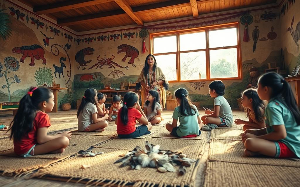 A vibrant and immersive scene of an indigenous classroom. The foreground features a group of students seated on woven mats, engaged in a hands-on learning activity using natural materials such as feathers, shells, and river stones. The middle ground showcases a teacher, adorned in traditional regalia, leading the lesson and guiding the students. In the background, the walls are adorned with intricate murals depicting indigenous symbols, animals, and landscapes, creating a rich, culturally-infused environment. Soft, natural lighting filters through large windows, casting a warm, inviting glow over the scene. The overall atmosphere conveys a sense of connection, respect, and the seamless integration of indigenous knowledge into the educational experience.