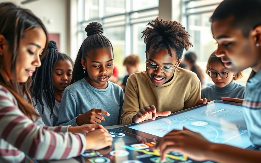 A vibrant, interactive digital learning environment. A diverse group of students engaged with modern touch-screen devices, immersed in dynamic educational content. The foreground features a hands-on, collaborative learning scenario, with students exploring interactive visualizations and simulations. The middle ground showcases a variety of educational tools and software, seamlessly integrated into the learning experience. The background depicts a bright, airy classroom setting, with natural light streaming in through large windows, creating a sense of openness and inspiration. Soft, diffused lighting highlights the engaged expressions of the students, conveying a mood of curiosity, discovery, and fulfillment.