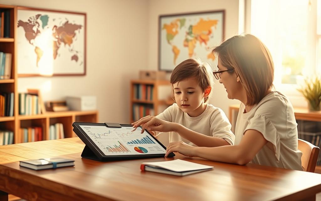 A warm-toned, well-lit scene depicting a parent and child sitting at a wooden table, discussing financial concepts. The parent points to a tablet screen, explaining charts and graphs, while the child listens intently. In the background, shelves of books and a framed world map suggest an educational setting. Soft sunlight filters through a window, casting a gentle glow on the pair. The mood is one of engaged learning and familial guidance, capturing the essence of parental involvement in a child's financial education.