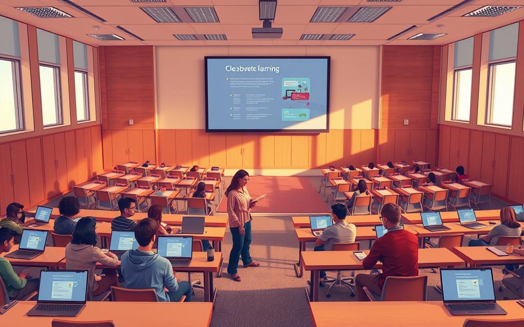 a detailed digital illustration of a higher education classroom depicting a blended learning model. the foreground shows a group of students working collaboratively on laptop computers, with the teacher moving between them providing guidance. the middle ground features a large projection screen displaying digital course content, while the background shows rows of desks and chairs arranged in a semi-circular layout. the lighting is warm and natural, with sunlight filtering in through large windows. the overall mood is one of engaged, active learning in a modern, technology-enabled environment.