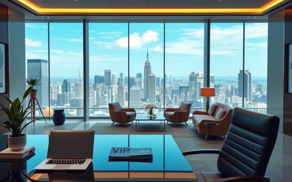 a sleek, modern office interior with a large window overlooking a bustling city skyline. The foreground features a stylish desk with a laptop, a potted plant, and a stack of documents. On the desk, a prominent Shein logo and the text "VIP Program" are displayed. The middle ground shows a comfortable seating area with plush chairs and a coffee table, creating an inviting atmosphere. The background is filled with a cityscape of skyscrapers and a clear, blue sky, suggesting a sense of professionalism and success. The lighting is soft and warm, accentuating the elegant decor and creating a welcoming ambiance.