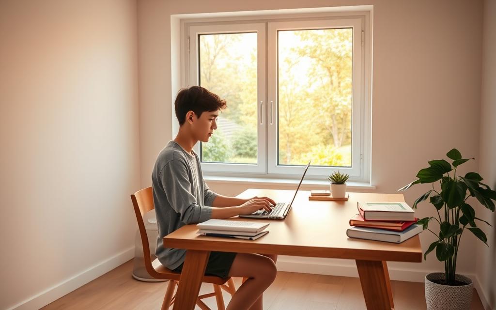 A bright, airy room with a large window overlooking a tranquil garden. A young person sits at a minimalist wooden desk, focused on their laptop, surrounded by neatly organized notes and textbooks. Warm, diffused natural light filters in, casting a soft glow on the scene. The walls are painted a soothing, neutral tone, creating a calming atmosphere conducive to deep concentration. The only digital device visible is the laptop, with no smartphones or tablets in sight. This serene, distraction-free environment reflects the ideal setting for a productive study session at home.