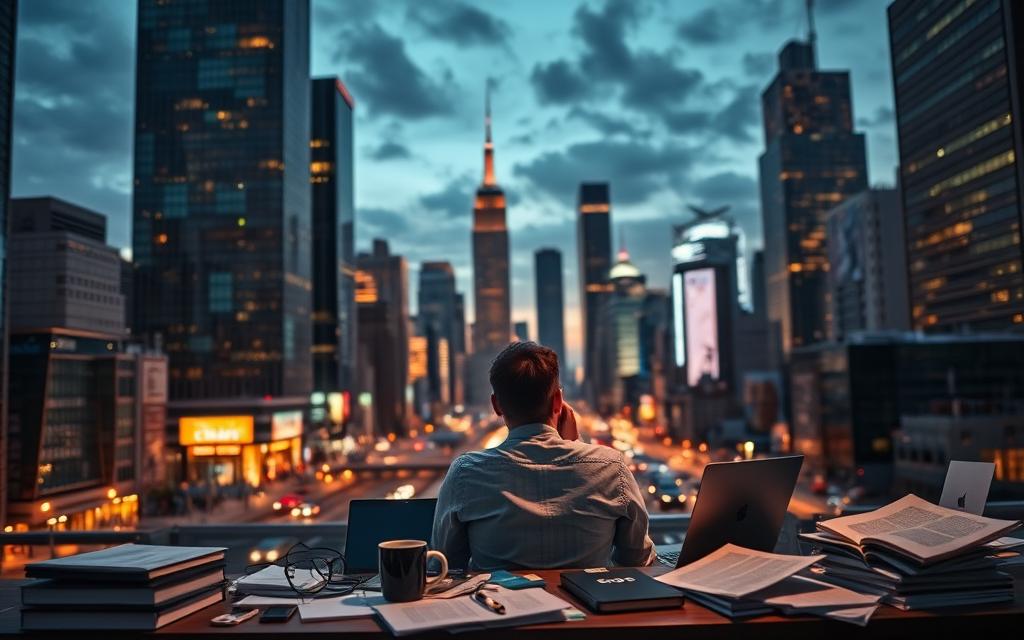 A bustling cityscape at dusk, with towering skyscrapers and neon lights casting a warm glow. In the foreground, a person sits at a desk, deep in thought, surrounded by a jumble of papers, laptops, and coffee mugs. The scene conveys a sense of challenge and uncertainty, as the person grapples with the complexities of turning their knowledge into a viable income stream. The lighting is dramatic, with shadows and highlights emphasizing the contemplative mood. The perspective is slightly elevated, giving the viewer a sense of observing the scene from above, adding to the feeling of a strategic challenge to be overcome. A bustling cityscape at dusk, with towering skyscrapers and neon lights casting a warm glow. In the foreground, a person sits at a desk, deep in thought, surrounded by a jumble of papers, laptops, and coffee mugs. The scene conveys a sense of challenge and uncertainty, as the person grapples with the complexities of turning their knowledge into a viable income stream. The lighting is dramatic, with shadows and highlights emphasizing the contemplative mood. The perspective is slightly elevated, giving the viewer a sense of observing the scene from above, adding to the feeling of a strategic challenge to be overcome.