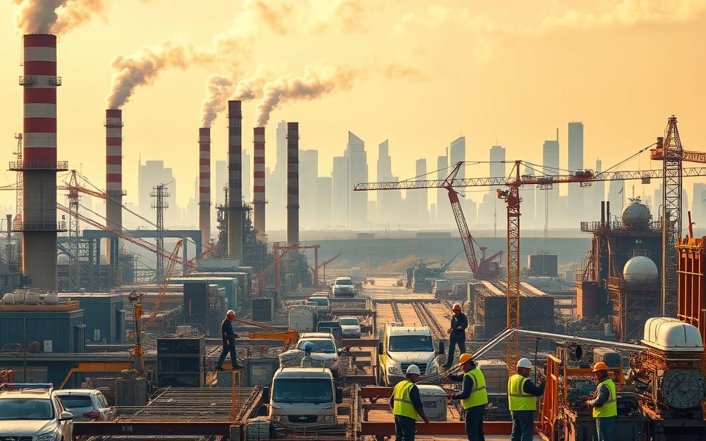 A bustling industrial landscape, with towering factories, churning smokestacks, and intricate machinery in the foreground. In the middle ground, workers in hard hats and high-visibility vests operate cranes, assemble components, and oversee production lines. The background features a skyline of modern skyscrapers, suggesting the integration of cutting-edge technology and innovation. The scene is bathed in warm, golden lighting, creating a sense of energy and dynamism. The overall composition conveys the versatility, technical expertise, and problem-solving abilities required in various industry-specific future skills. A bustling industrial landscape, with towering factories, churning smokestacks, and intricate machinery in the foreground. In the middle ground, workers in hard hats and high-visibility vests operate cranes, assemble components, and oversee production lines. The background features a skyline of modern skyscrapers, suggesting the integration of cutting-edge technology and innovation. The scene is bathed in warm, golden lighting, creating a sense of energy and dynamism. The overall composition conveys the versatility, technical expertise, and problem-solving abilities required in various industry-specific future skills.