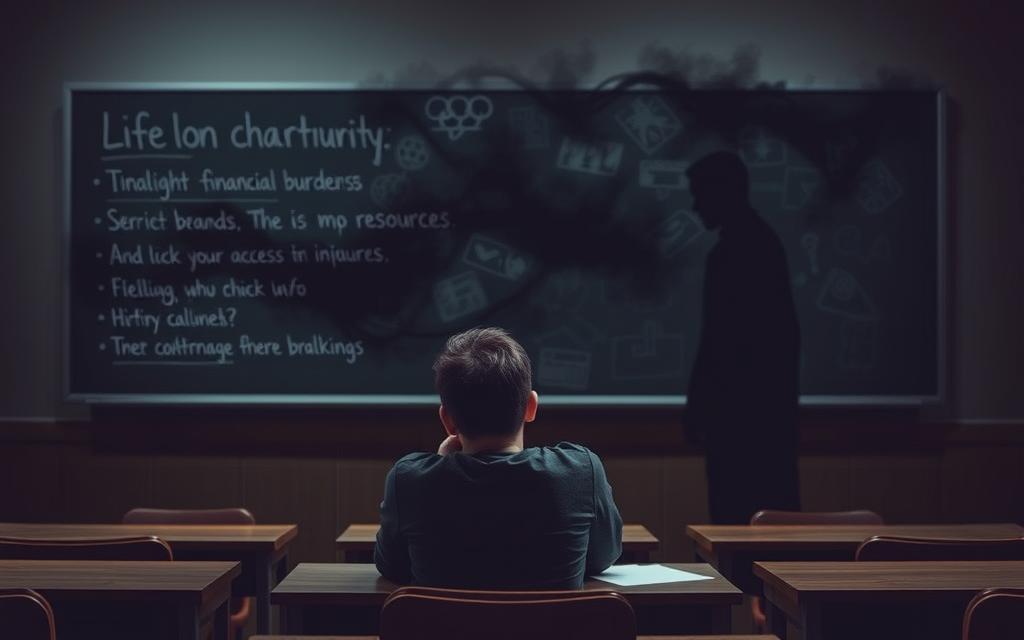 A dimly lit classroom, its chalkboard obscured by a cloud of doubt and uncertainty. In the foreground, a student sits at a desk, their head in their hands, grappling with the challenges of lifelong learning. The middle ground reveals a tangle of obstacles - financial burdens, time constraints, and a lack of access to resources. In the background, a shadowy figure representing the systemic barriers that hinder continuous education casts a looming presence. The atmosphere is one of frustration and dejection, but a glimmer of determination flickers, hinting at the resilience required to overcome these daunting barriers. A dimly lit classroom, its chalkboard obscured by a cloud of doubt and uncertainty. In the foreground, a student sits at a desk, their head in their hands, grappling with the challenges of lifelong learning. The middle ground reveals a tangle of obstacles - financial burdens, time constraints, and a lack of access to resources. In the background, a shadowy figure representing the systemic barriers that hinder continuous education casts a looming presence. The atmosphere is one of frustration and dejection, but a glimmer of determination flickers, hinting at the resilience required to overcome these daunting barriers.