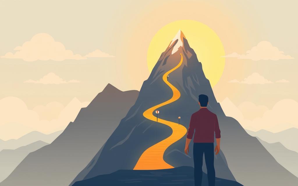 A goal-setting journey captured in vibrant, minimalist illustration. In the foreground, a person stands before a towering mountain, their path illuminated by a warm, golden light. In the middle ground, a winding trail leads up the mountainside, dotted with milestones and signposts. The background is a serene, cloud-filled sky, conveying a sense of boundless possibility. The overall mood is one of determination, progress, and a belief in the power of setting and achieving ambitious goals. The scene is rendered in a clean, modern style with a muted color palette, allowing the central narrative to shine. A goal-setting journey captured in vibrant, minimalist illustration. In the foreground, a person stands before a towering mountain, their path illuminated by a warm, golden light. In the middle ground, a winding trail leads up the mountainside, dotted with milestones and signposts. The background is a serene, cloud-filled sky, conveying a sense of boundless possibility. The overall mood is one of determination, progress, and a belief in the power of setting and achieving ambitious goals. The scene is rendered in a clean, modern style with a muted color palette, allowing the central narrative to shine.
