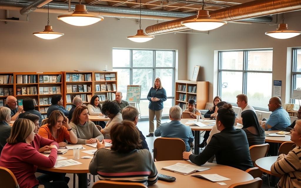 A group of diverse individuals gathered in a well-lit community center, engaged in lively discussions at round tables. Warm lighting from overhead fixtures creates a cozy atmosphere, while large windows allow natural light to filter in, casting a soft glow across the scene. In the foreground, people of varying ages and backgrounds are intently focused on materials spread out before them, gesturing animatedly as they exchange insights and ideas. The middle ground features an instructor standing at the front, guiding the conversation and providing educational resources. In the background, shelves lined with financial literature and informational posters suggest this is a space dedicated to community financial empowerment. A group of diverse individuals gathered in a well-lit community center, engaged in lively discussions at round tables. Warm lighting from overhead fixtures creates a cozy atmosphere, while large windows allow natural light to filter in, casting a soft glow across the scene. In the foreground, people of varying ages and backgrounds are intently focused on materials spread out before them, gesturing animatedly as they exchange insights and ideas. The middle ground features an instructor standing at the front, guiding the conversation and providing educational resources. In the background, shelves lined with financial literature and informational posters suggest this is a space dedicated to community financial empowerment.