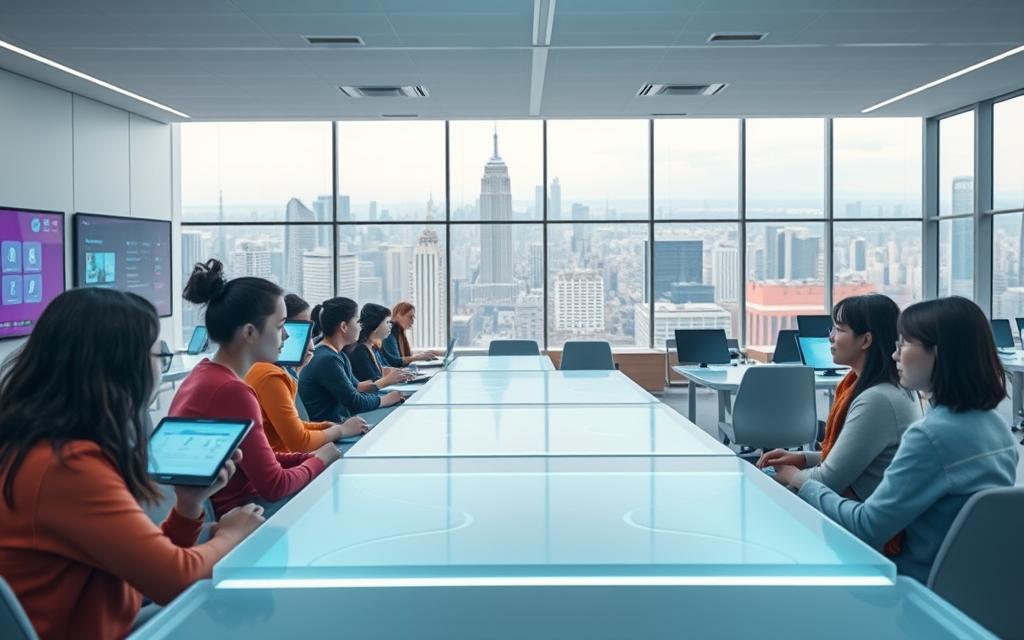 A modern virtual classroom with sleek, minimalist design. The foreground features a group of diverse students interacting via holographic displays, their faces lit by the soft glow of their screens. The middle ground showcases an expansive, open-concept learning space with modular furniture and seamless integrations of technology. In the background, floor-to-ceiling windows offer a panoramic view of a bustling city skyline, creating a sense of connection between the digital and physical realms. The lighting is soft and diffused, emanating a sense of focus and productivity. The overall atmosphere conveys the harmony of technology and education, showcasing the future of immersive, personalized learning. A modern virtual classroom with sleek, minimalist design. The foreground features a group of diverse students interacting via holographic displays, their faces lit by the soft glow of their screens. The middle ground showcases an expansive, open-concept learning space with modular furniture and seamless integrations of technology. In the background, floor-to-ceiling windows offer a panoramic view of a bustling city skyline, creating a sense of connection between the digital and physical realms. The lighting is soft and diffused, emanating a sense of focus and productivity. The overall atmosphere conveys the harmony of technology and education, showcasing the future of immersive, personalized learning.