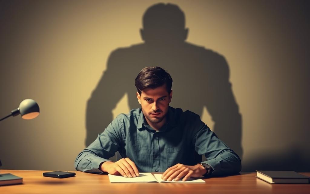 A person sitting at a desk, facing a towering wall of procrastination personified as a looming, shadowy figure. The figure casts a long, ominous shadow, enveloping the person's workspace. The person appears determined, their brow furrowed, as they prepare to confront and overcome this obstacle. Soft, warm lighting illuminates the person's face, conveying a sense of focus and resolve. The background is slightly blurred, emphasizing the person's internal struggle. The scene is captured from a slightly elevated perspective, adding a sense of drama and intensity to the composition. A person sitting at a desk, facing a towering wall of procrastination personified as a looming, shadowy figure. The figure casts a long, ominous shadow, enveloping the person's workspace. The person appears determined, their brow furrowed, as they prepare to confront and overcome this obstacle. Soft, warm lighting illuminates the person's face, conveying a sense of focus and resolve. The background is slightly blurred, emphasizing the person's internal struggle. The scene is captured from a slightly elevated perspective, adding a sense of drama and intensity to the composition.