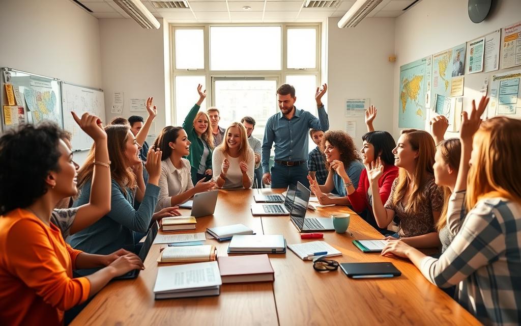 A vibrant, dynamic scene of active learning. In the foreground, a group of diverse students engaged in lively discussion, hands raised, expressions animated. Textbooks, laptops, and stationery scattered across a well-lit wooden table. Behind them, the classroom is airy and spacious, with large windows letting in natural light that casts a warm glow. Whiteboards and informative posters line the walls, creating a stimulating environment. In the background, the teacher moves among the students, guiding and facilitating the collaborative learning process. An atmosphere of focus, curiosity, and intellectual exchange permeates the scene. A vibrant, dynamic scene of active learning. In the foreground, a group of diverse students engaged in lively discussion, hands raised, expressions animated. Textbooks, laptops, and stationery scattered across a well-lit wooden table. Behind them, the classroom is airy and spacious, with large windows letting in natural light that casts a warm glow. Whiteboards and informative posters line the walls, creating a stimulating environment. In the background, the teacher moves among the students, guiding and facilitating the collaborative learning process. An atmosphere of focus, curiosity, and intellectual exchange permeates the scene.