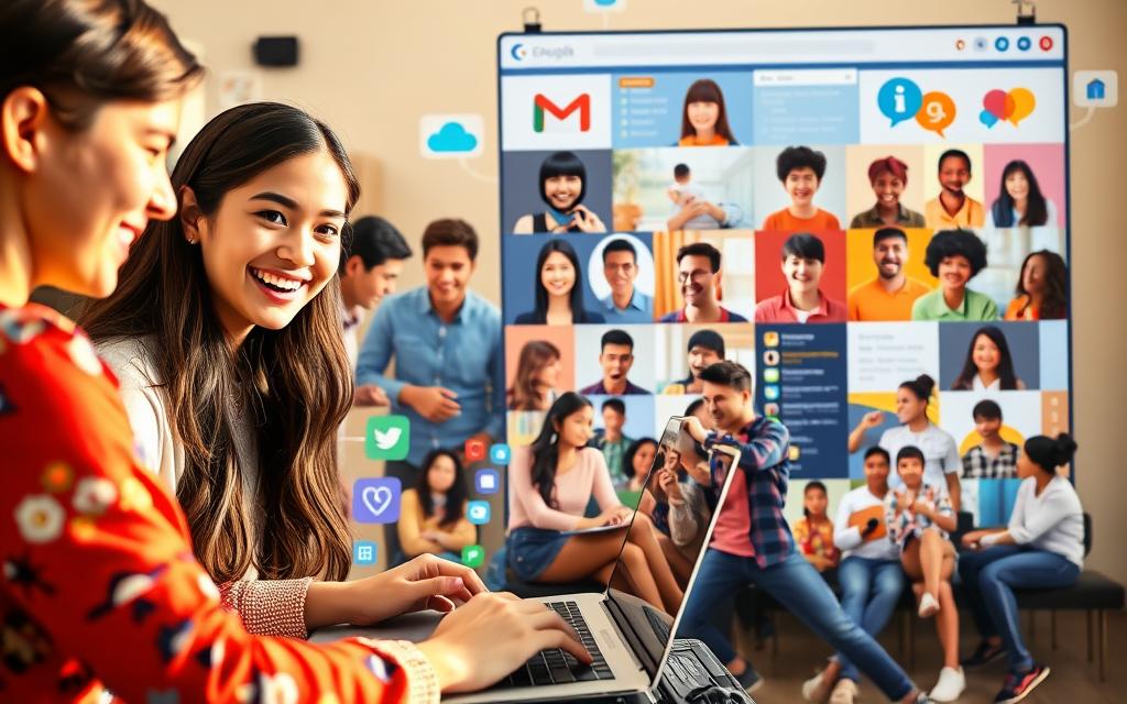A vibrant, dynamic scene showcasing the power of online English learning. In the foreground, a smiling young woman using a laptop, immersed in a digital lesson, surrounded by colorful icons and interactive learning tools. In the middle ground, a diverse group of students of all ages, nationalities, and backgrounds, engaged in lively discussions and group activities via video conferencing. The background features a stylized social media interface, with sharing, commenting, and networking features, symbolizing the collaborative and connected nature of modern language learning. Warm, natural lighting casts a welcoming glow, and the overall composition conveys a sense of enthusiasm, productivity, and global community.