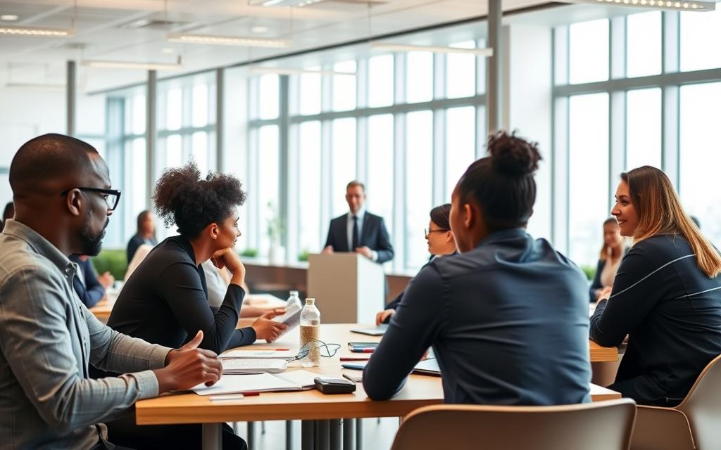 A well-lit, modern classroom setting featuring a group of diverse professionals engaged in a career development course. In the foreground, several students are gathered around a central table, intently studying course materials and taking notes. The middle ground showcases an instructor standing at a podium, gesturing animatedly as they present key concepts. The background reveals floor-to-ceiling windows that flood the room with natural light, creating a bright and inviting atmosphere. The overall scene conveys a sense of productivity, collaboration, and a commitment to personal and professional growth.