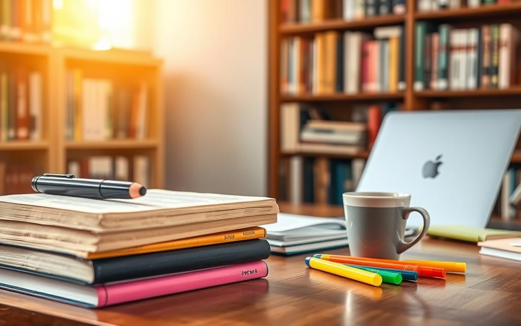 Neatly arranged study materials on a wooden desk, bathed in warm, natural light. In the foreground, a stack of well-worn textbooks, highlighters, and pens in an array of vibrant colors. In the middle ground, a laptop and a cup of steaming coffee, emanating a sense of focus and productivity. In the background, a bookshelf filled with reference materials, lending an air of academic rigor. The scene conveys a cozy, inviting atmosphere, perfect for a productive study session.