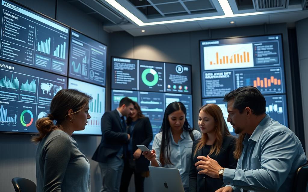 Prompt A sleek, modern office setting with an AI-powered assessment interface displayed on several large, high-resolution displays. The interface shows a range of visualized data, analytics, and insights, presented with clean typography and intuitive infographics. In the foreground, a team of educators and administrators intently analyze the assessment results, their expressions reflecting deep engagement and thoughtful consideration. Soft, directional lighting illuminates the scene, creating a sense of focus and professionalism. The overall atmosphere conveys the seamless integration of AI technology into the educational assessment process, enhancing decision-making and improving learning outcomes. Prompt A sleek, modern office setting with an AI-powered assessment interface displayed on several large, high-resolution displays. The interface shows a range of visualized data, analytics, and insights, presented with clean typography and intuitive infographics. In the foreground, a team of educators and administrators intently analyze the assessment results, their expressions reflecting deep engagement and thoughtful consideration. Soft, directional lighting illuminates the scene, creating a sense of focus and professionalism. The overall atmosphere conveys the seamless integration of AI technology into the educational assessment process, enhancing decision-making and improving learning outcomes.