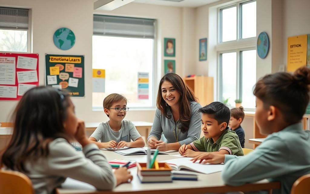 Students of different ages engaged in emotional learning activities in a modern, well-lit classroom. Supportive teacher guiding them through exercises that promote self-awareness, empathy, and interpersonal skills. Learners seated at desks or gathered in small groups, expressions ranging from thoughtful to animated. Colorful educational posters, inspirational quotes, and learning materials adorn the walls, creating an enriching, nurturing environment. Soft, diffused lighting from large windows casts a warm glow, fostering a sense of introspection and emotional openness. Camera angle captures the scene from a slightly elevated perspective, conveying the importance and significance of emotional intelligence in the educational context. Students of different ages engaged in emotional learning activities in a modern, well-lit classroom. Supportive teacher guiding them through exercises that promote self-awareness, empathy, and interpersonal skills. Learners seated at desks or gathered in small groups, expressions ranging from thoughtful to animated. Colorful educational posters, inspirational quotes, and learning materials adorn the walls, creating an enriching, nurturing environment. Soft, diffused lighting from large windows casts a warm glow, fostering a sense of introspection and emotional openness. Camera angle captures the scene from a slightly elevated perspective, conveying the importance and significance of emotional intelligence in the educational context.